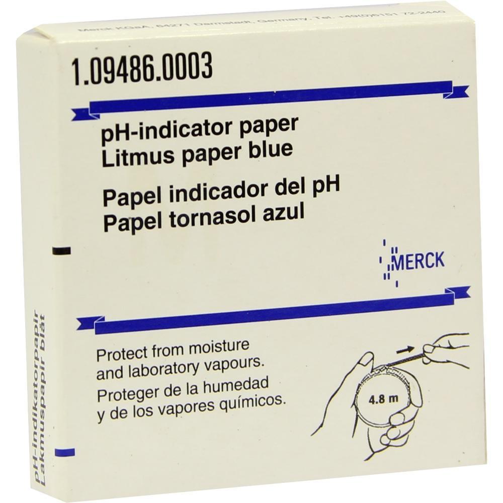 Eine Schachtel mit blauem pH-Indikatorpapier von Merck.
