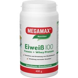 Weiße Dose mit Proteinpulver der Marke Megamax im Haselnuss-Geschmack.