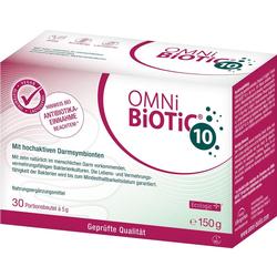 Eine Packung Omni Biotic 10 mit 30 Portionsbeuteln für die Darmsymbiose.